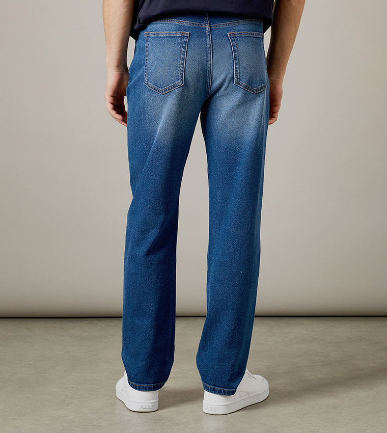 Mid Wash Stretch Straight Fit Jeans