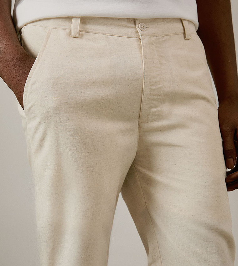 Button Closure Linen Blend Trousers