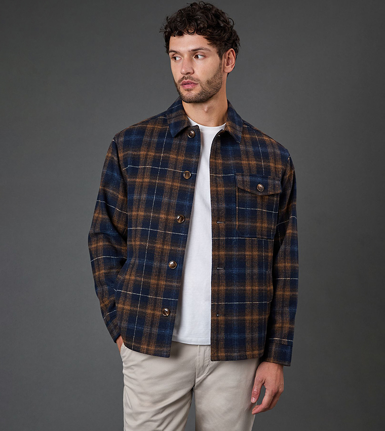 Check Wool Look Long Sleeves Shacket