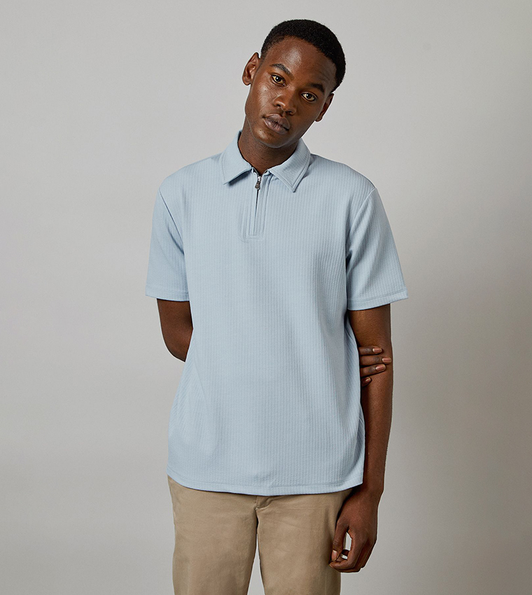Textured Zipper Neck Polo T-Shirt