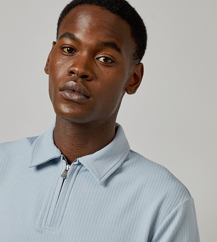 Textured Zipper Neck Polo T-Shirt