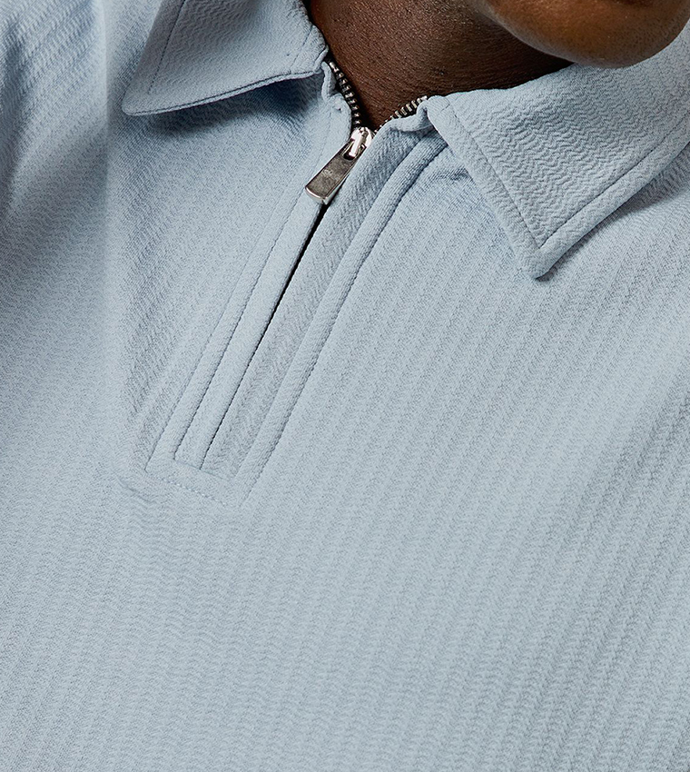 Textured Zipper Neck Polo T-Shirt