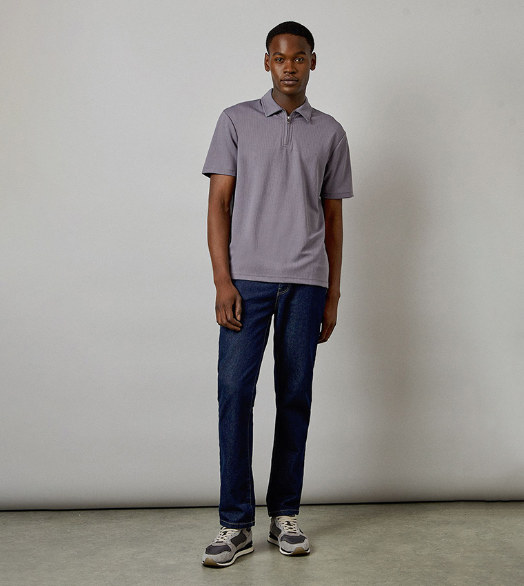 Textured Zipper Neck Polo T-Shirt