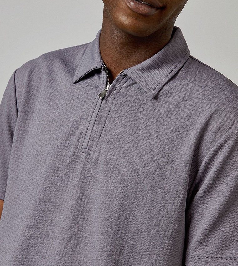 Textured Zipper Neck Polo T-Shirt