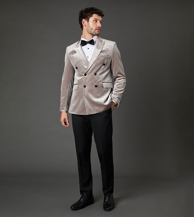 Velvet Double Breasted Lapel Collar Blazer