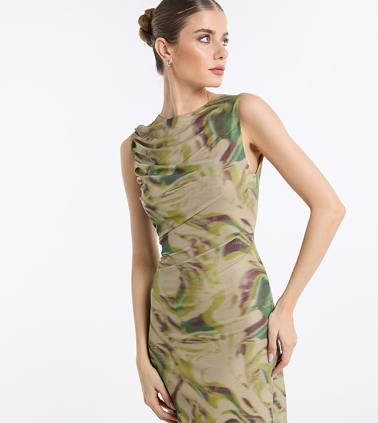 Patterned Ruched Sleeveless Midi Dress