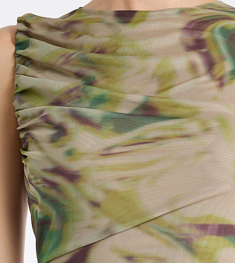 Patterned Ruched Sleeveless Midi Dress
