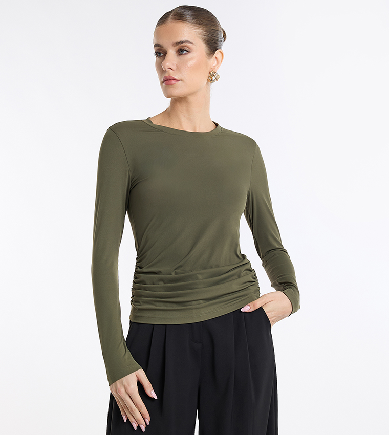 Solid Ruched Side Long Sleeve Top