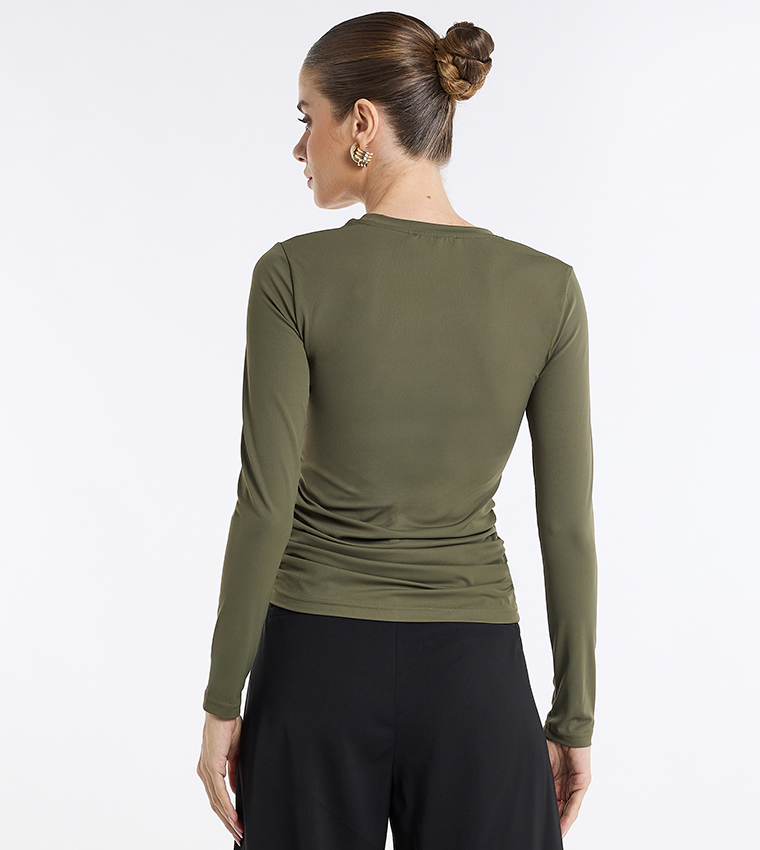 Solid Ruched Side Long Sleeve Top