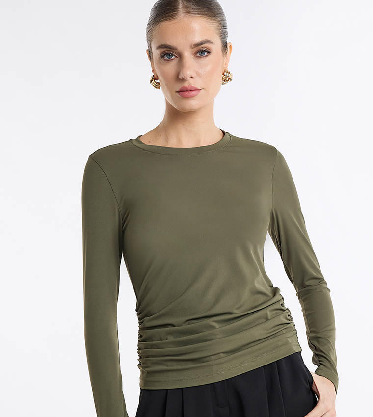 Solid Ruched Side Long Sleeve Top