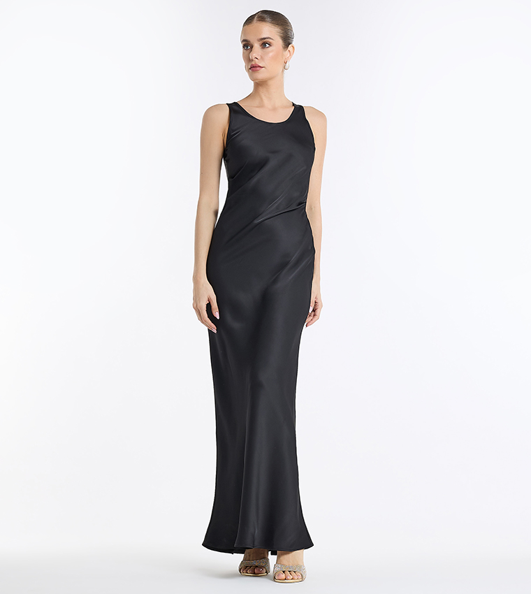 Solid Round Neck Satin Maxi Dress