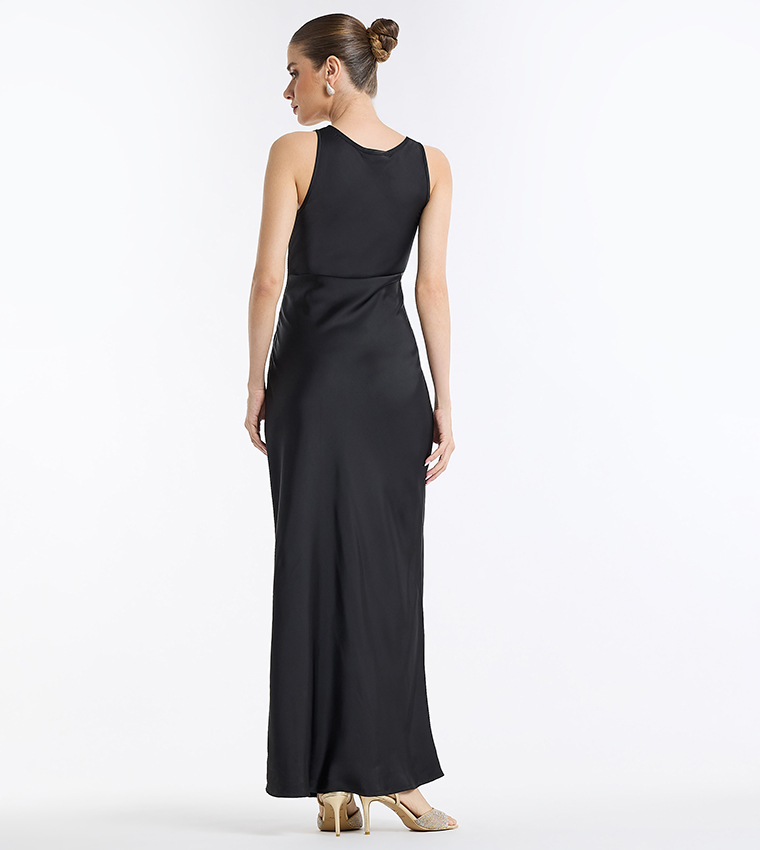 Solid Round Neck Satin Maxi Dress