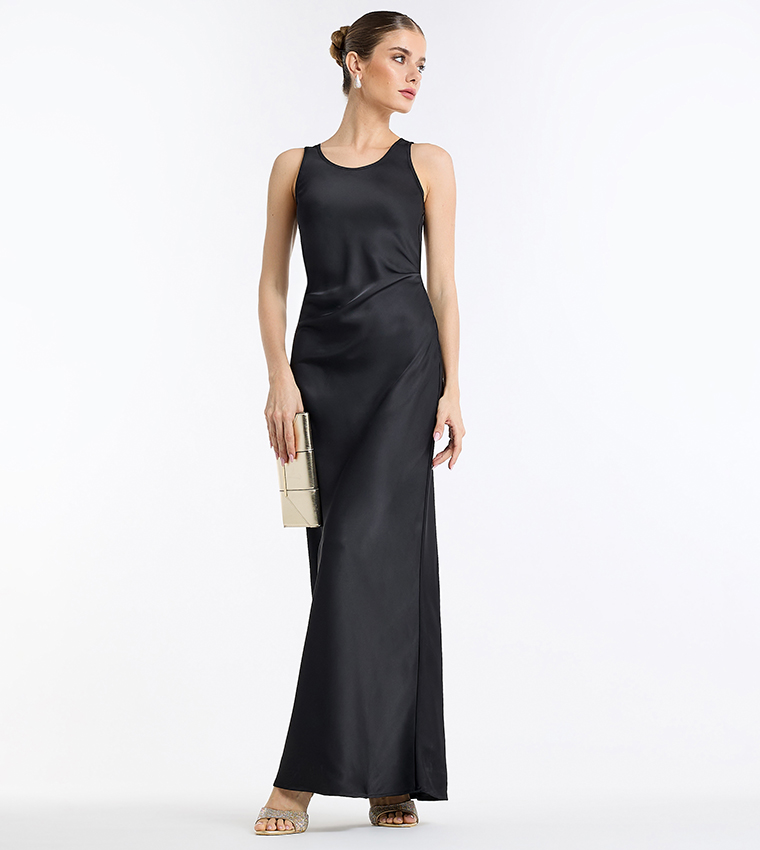 Solid Round Neck Satin Maxi Dress