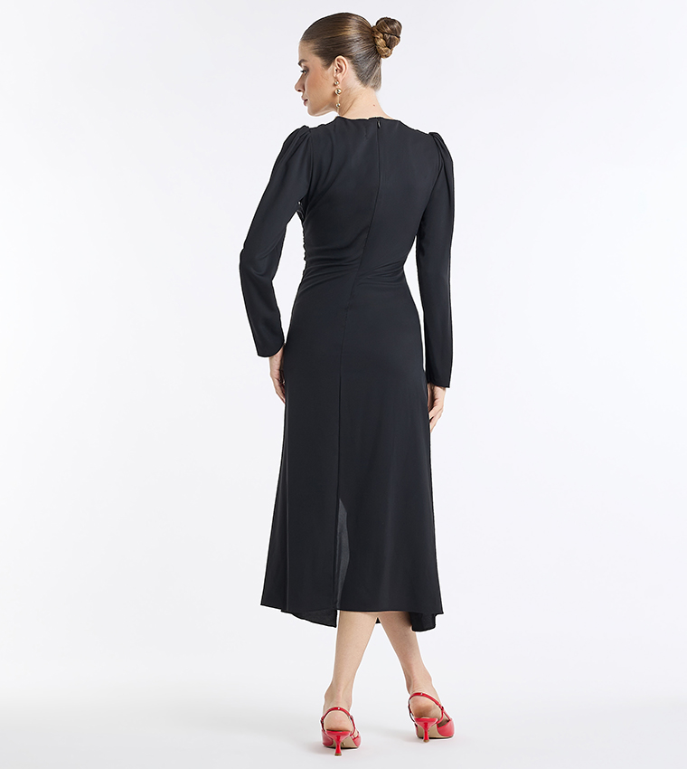 Ruched Puff Sleeves Slit Midi Dress