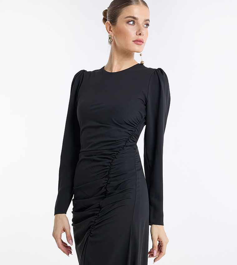 Ruched Puff Sleeves Slit Midi Dress