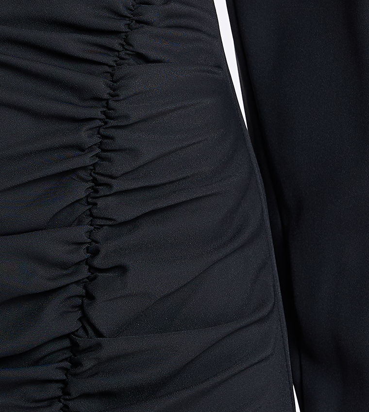 Ruched Puff Sleeves Slit Midi Dress