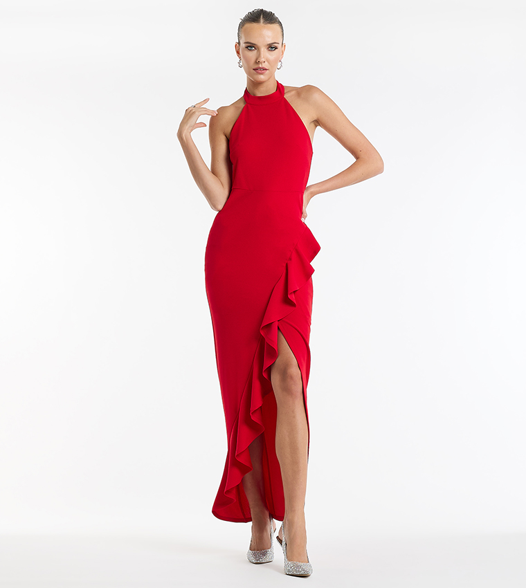 Ruffled Halter Neck Slit Dress
