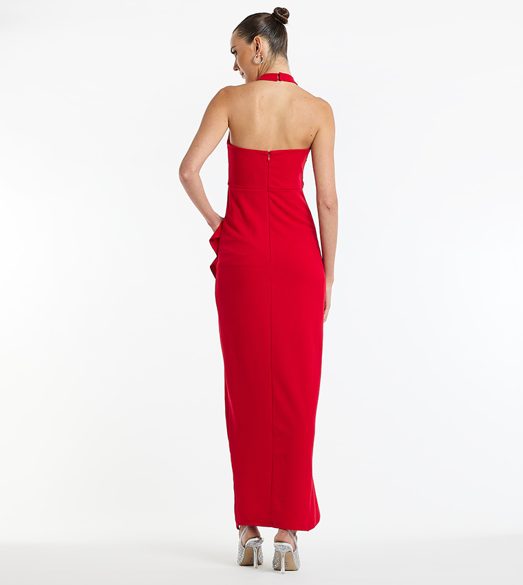 Ruffled Halter Neck Slit Dress
