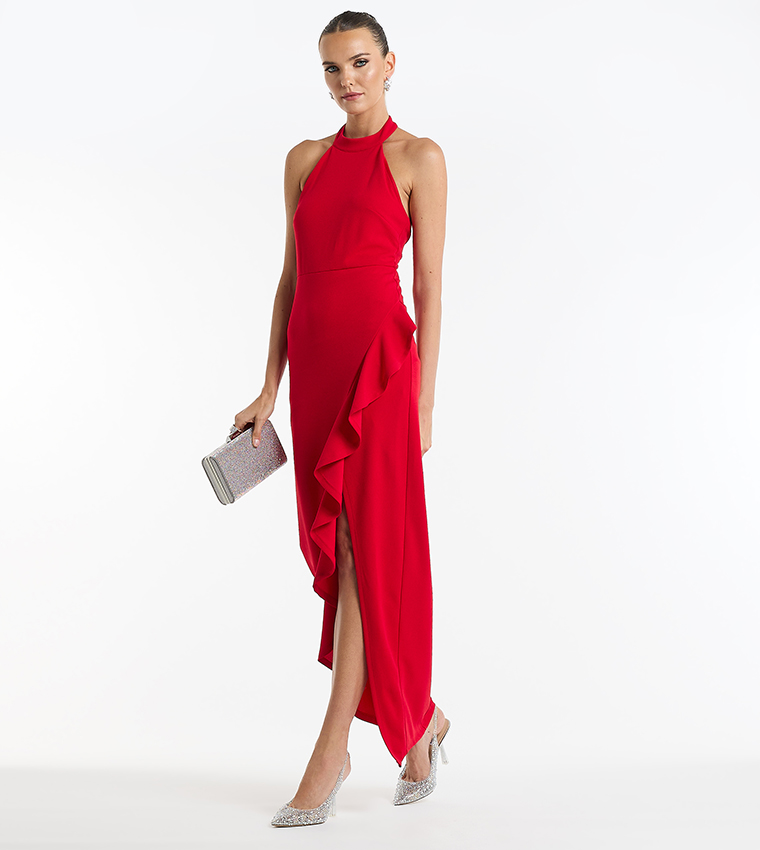 Ruffled Halter Neck Slit Dress