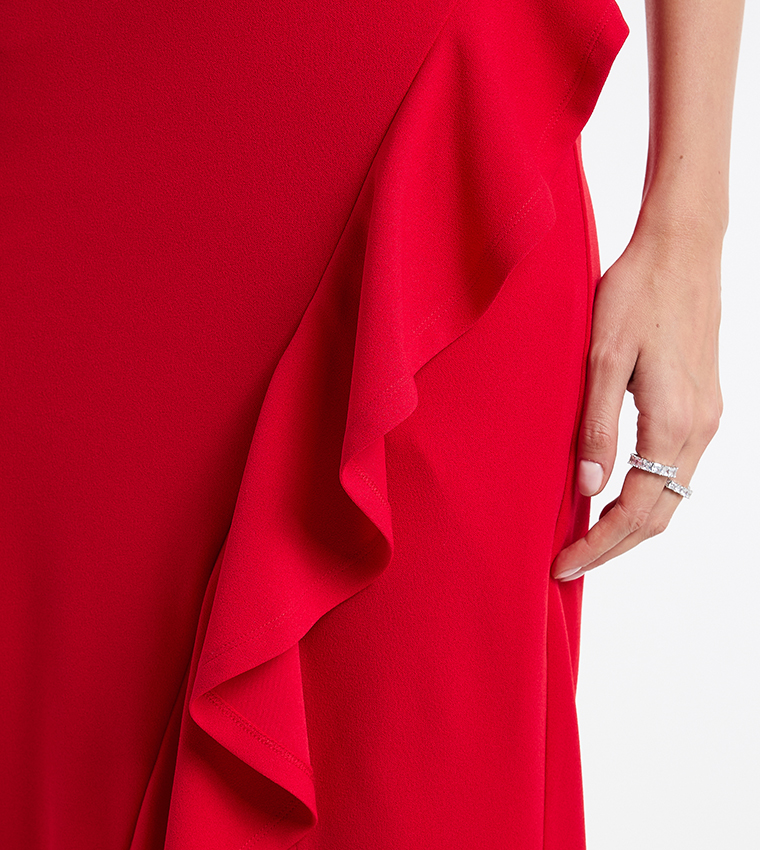 Ruffled Halter Neck Slit Dress