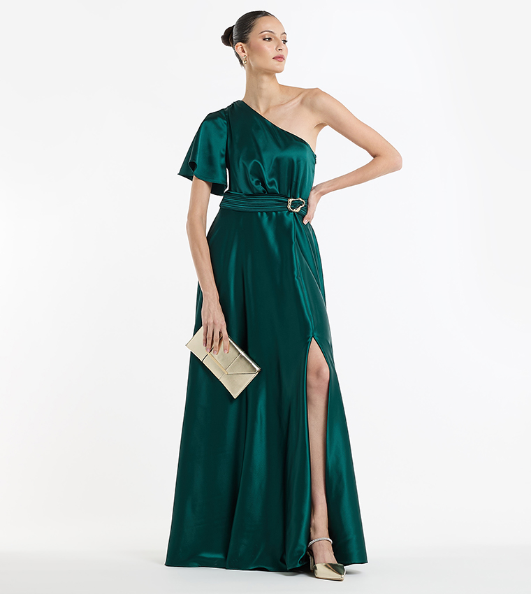 Belted One Shoulder Evening Gown