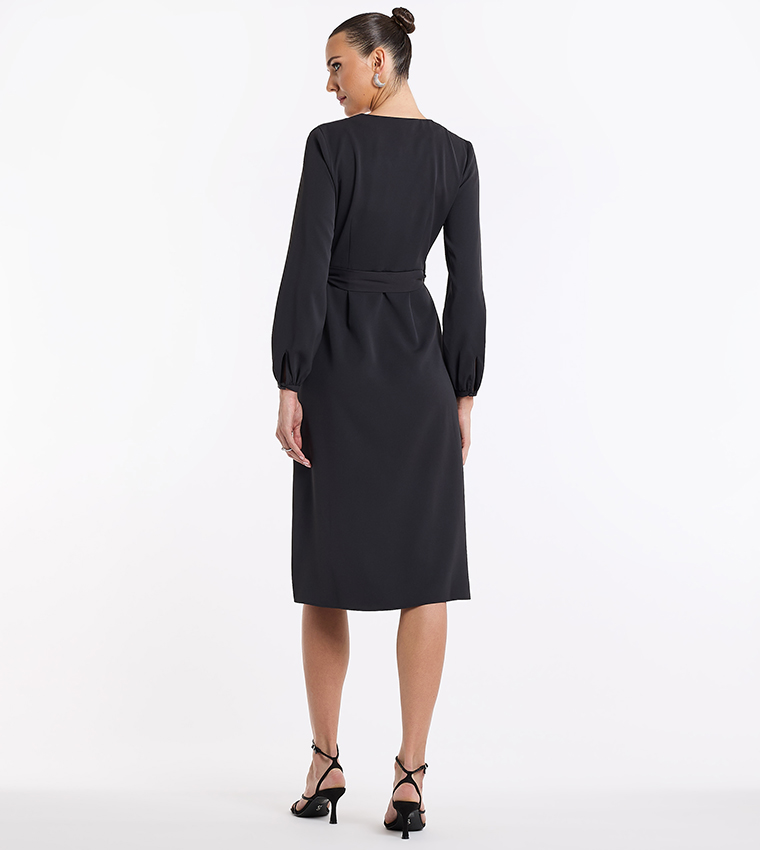 Tie Detail Long Sleeves Wrap Midi Dress