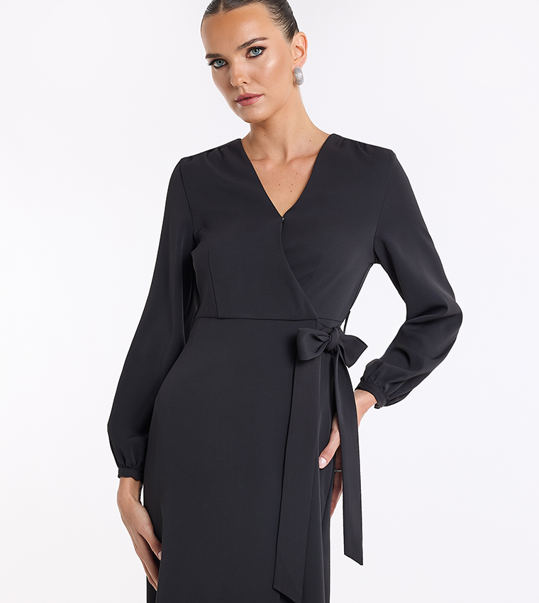 Tie Detail Long Sleeves Wrap Midi Dress