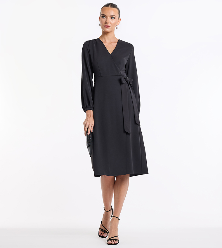 Tie Detail Long Sleeves Wrap Midi Dress