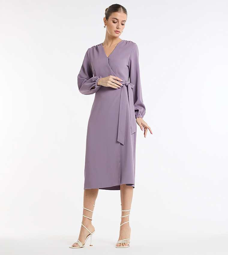 Tie Detail Long Sleeves Wrap Midi Dress