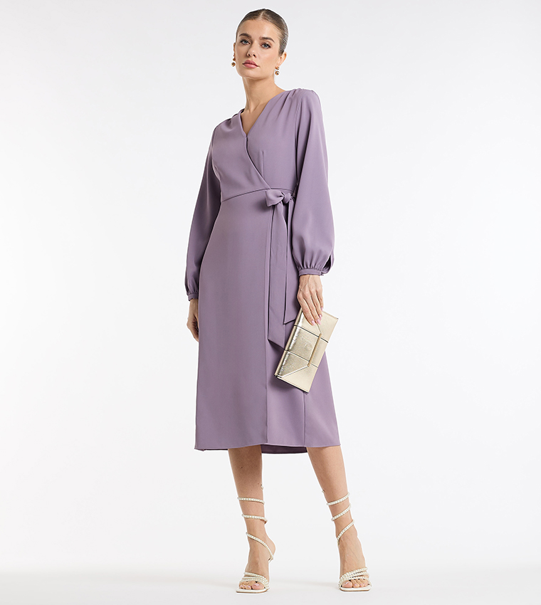 Tie Detail Long Sleeves Wrap Midi Dress