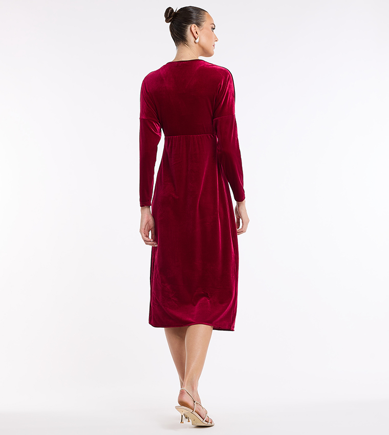 Knot Detail V-Neck Velour Dress