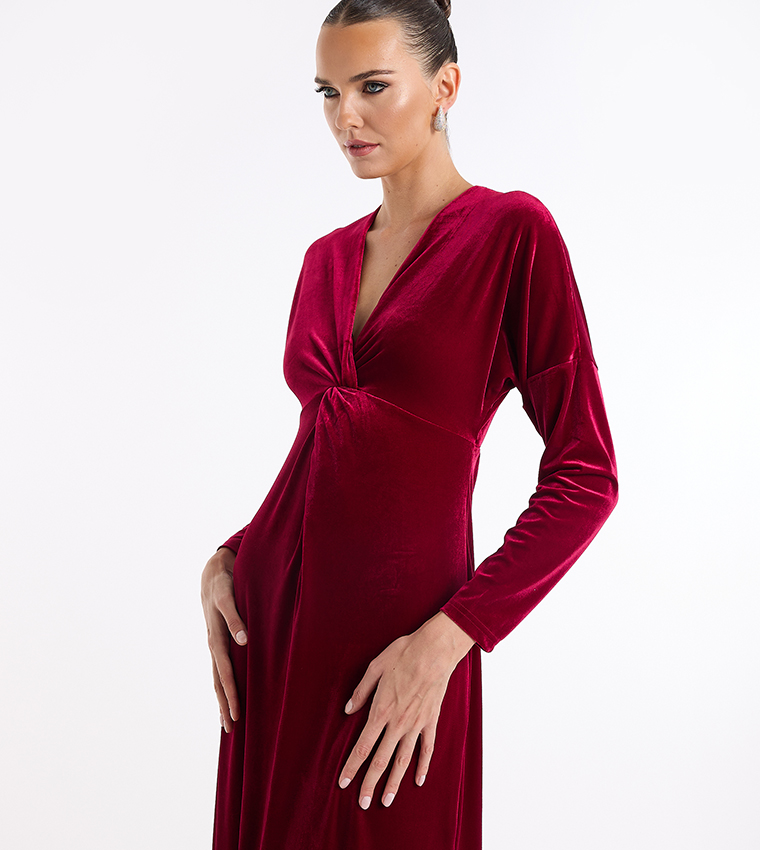 Knot Detail V-Neck Velour Dress