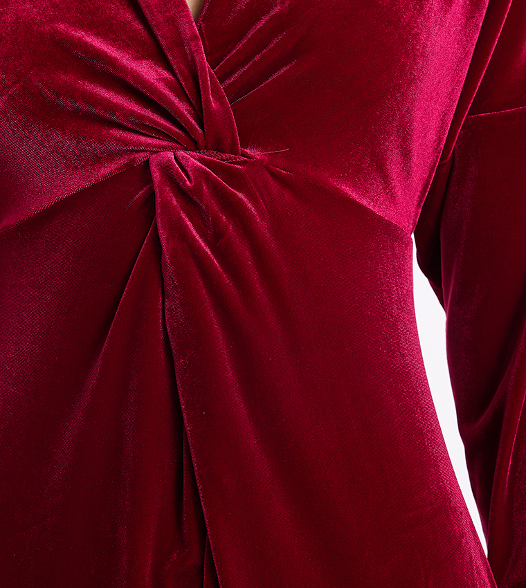 Knot Detail V-Neck Velour Dress