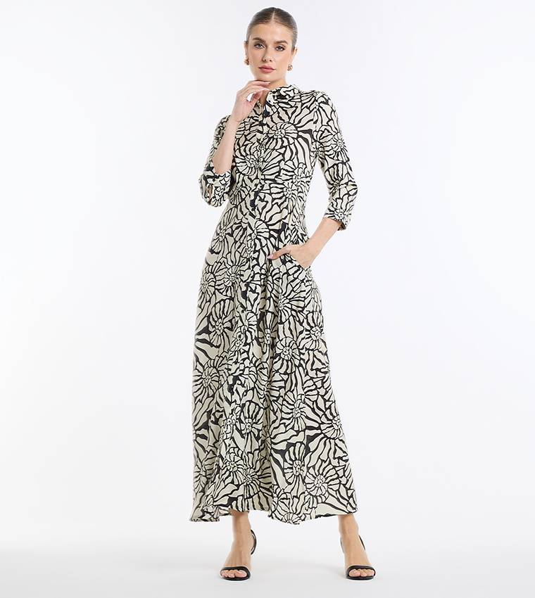 Abstract Printed 3/4 Sleeves Shirt Dress