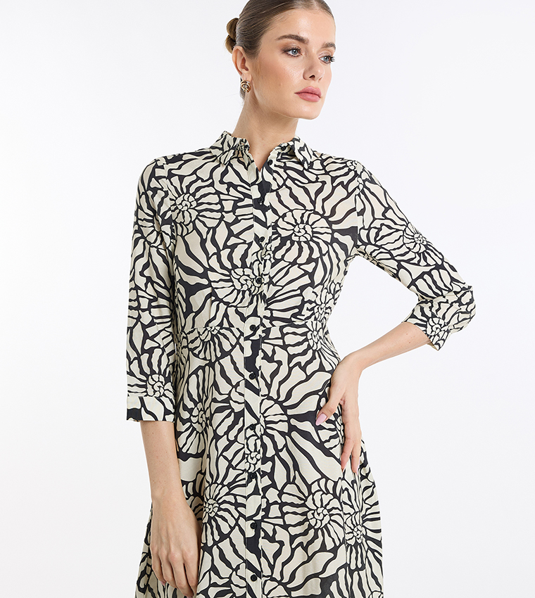 Abstract Printed 3/4 Sleeves Shirt Dress