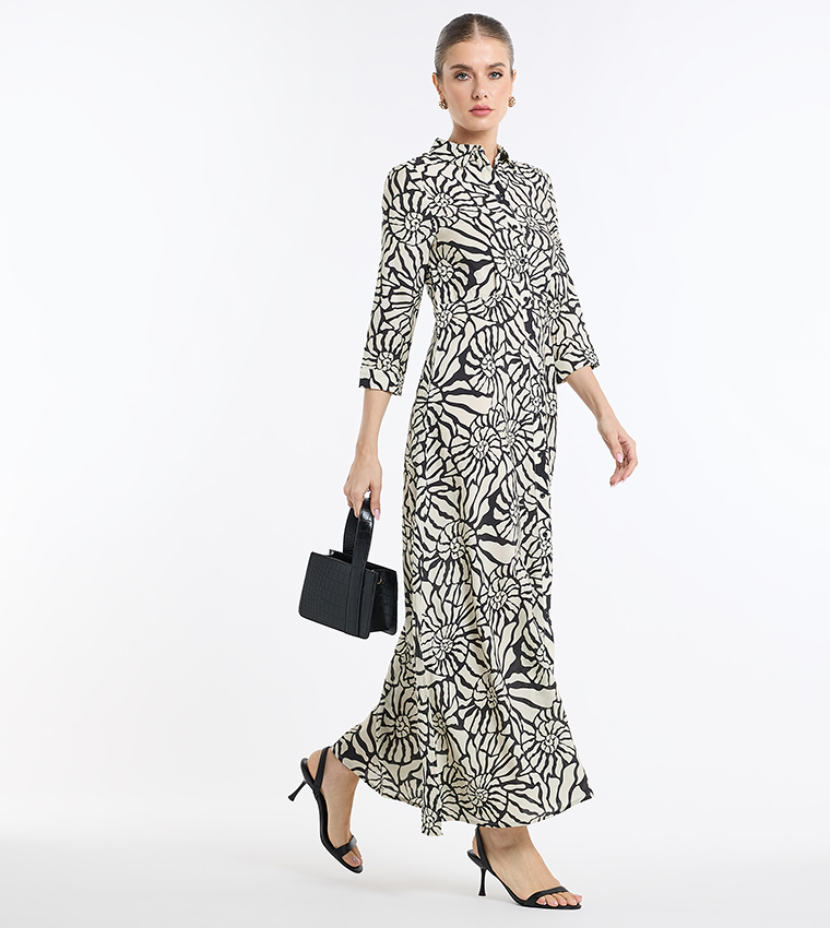 Abstract Printed 3/4 Sleeves Shirt Dress