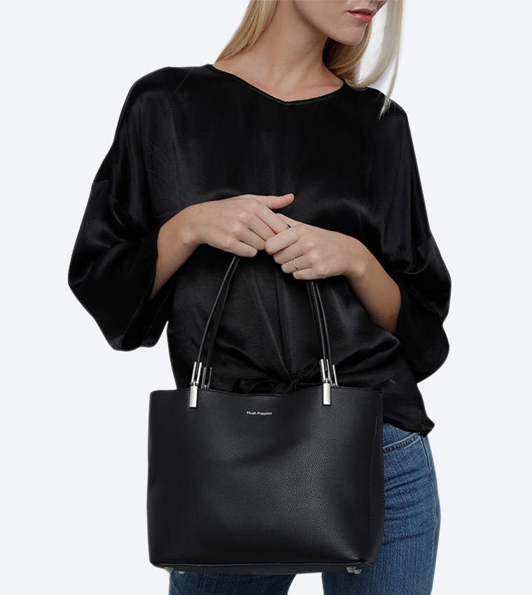 Blossom Top Zip Closure Dual Handle Details Tote Bag - Black