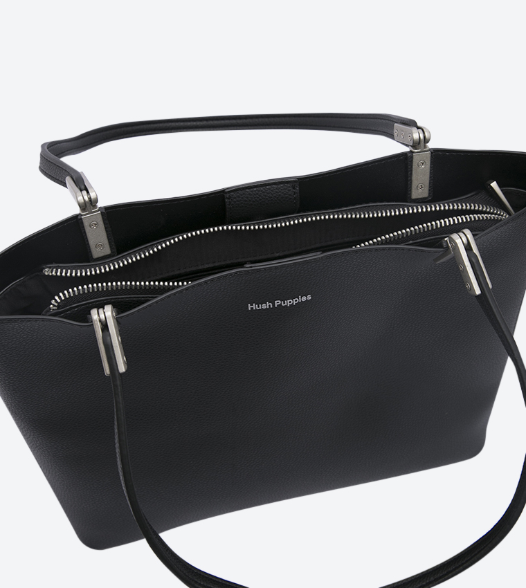 Blossom Top Zip Closure Dual Handle Details Tote Bag - Black