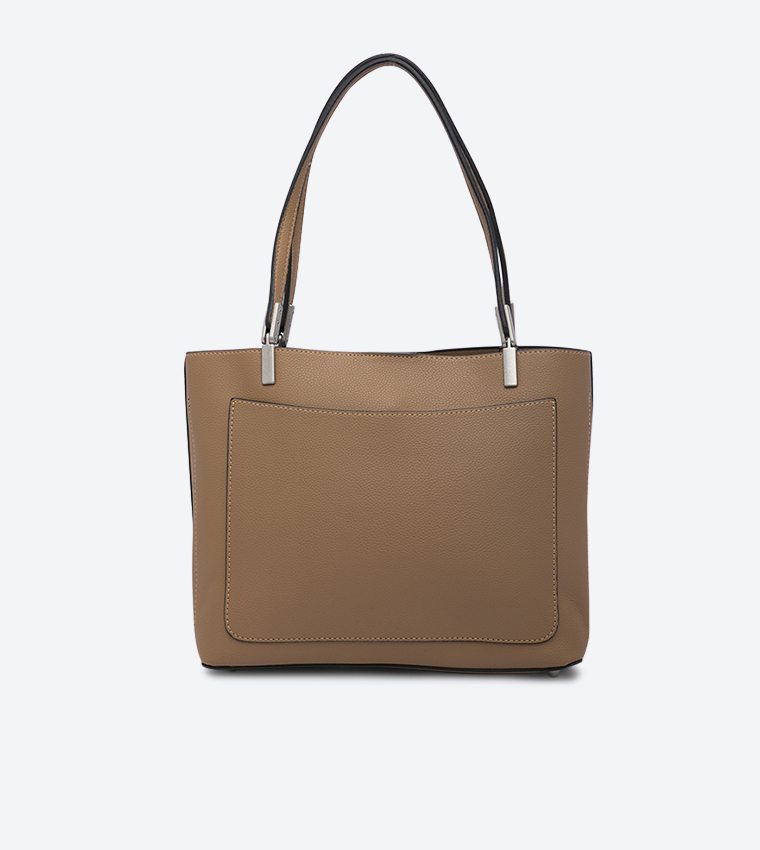 Blossom Top Zip Closure Dual Handle Details Tote Bag - Beige