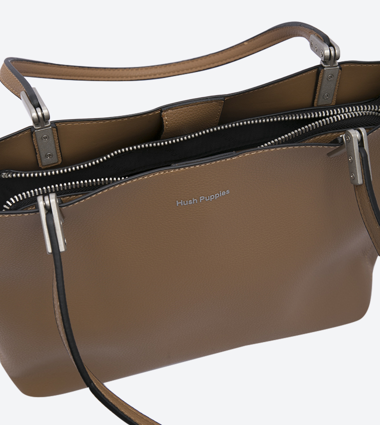 Blossom Top Zip Closure Dual Handle Details Tote Bag - Beige