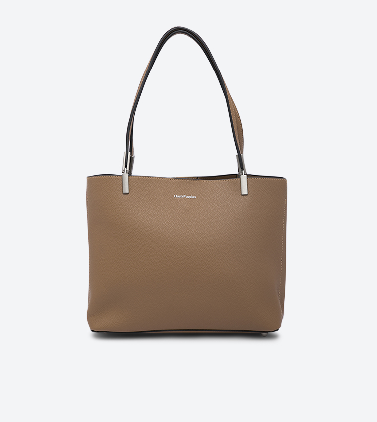 Blossom Top Zip Closure Dual Handle Details Tote Bag - Beige