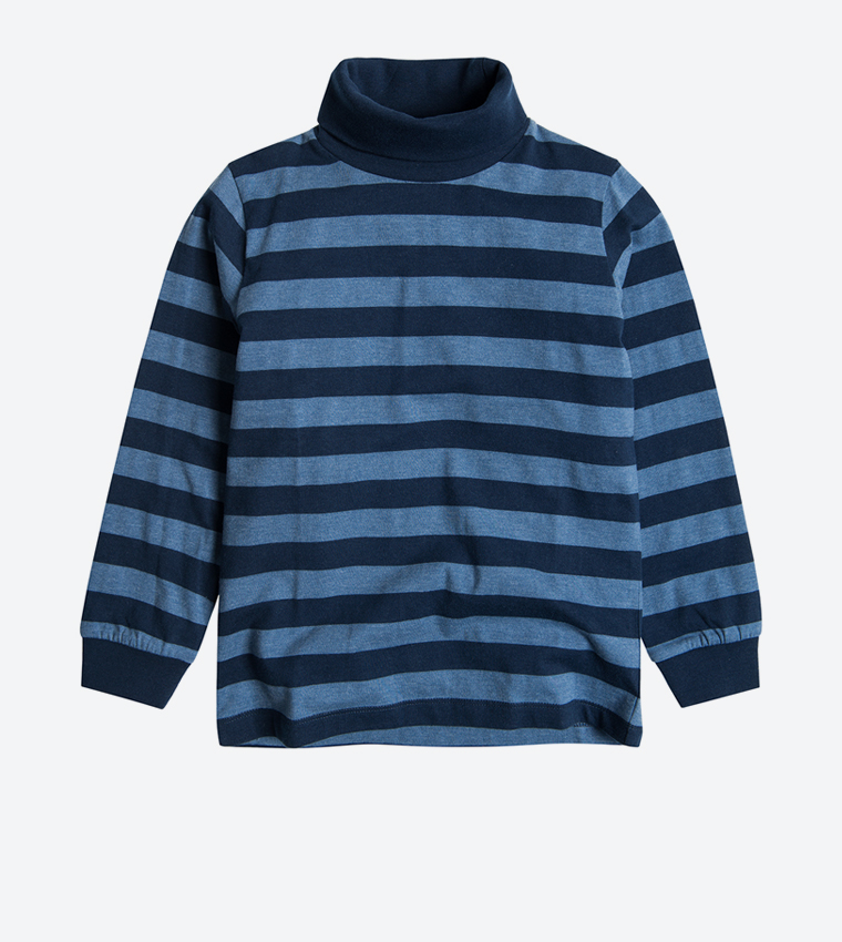 Striped Pattern High Neck T-Shirt - Blue