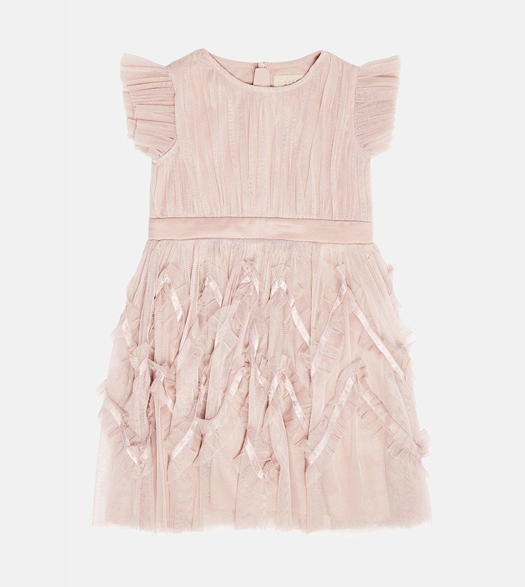 Babyhug Cotton Woven Frill Sleeves Dress With Rhinestones Detailing & Headband - Blue