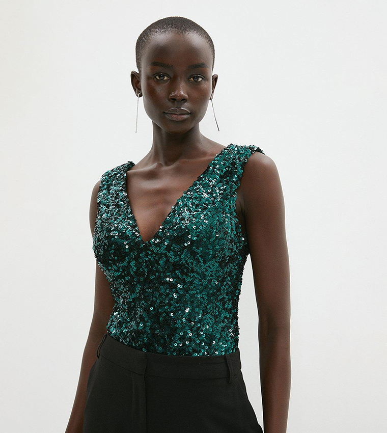 Buy Coast V Neck Sequins Bodysuit In Forest 6thStreet Qatar