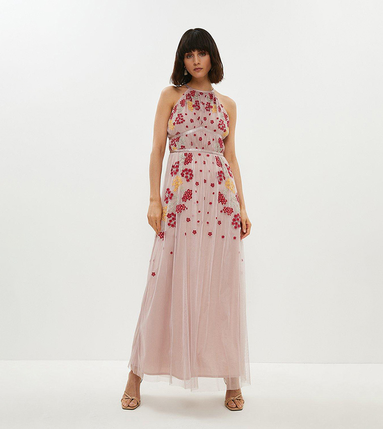 Buy Coast Embroidered Halter Neck Maxi Dress In Blush | 6thstreet Oman