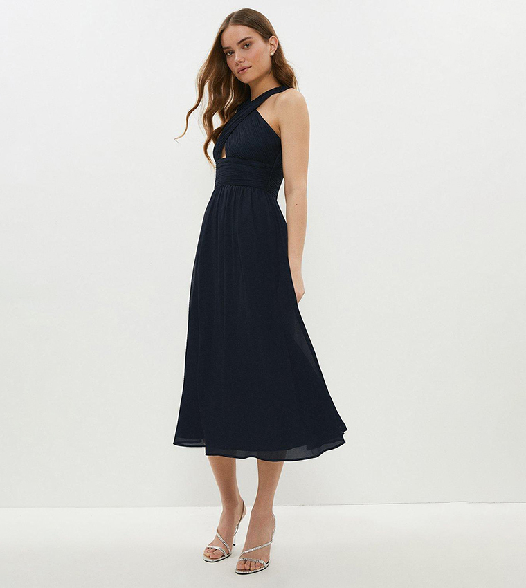 Cross Halter Neck Chiffon A-Line Bridesmaid Dress With Slit in Dark Navy