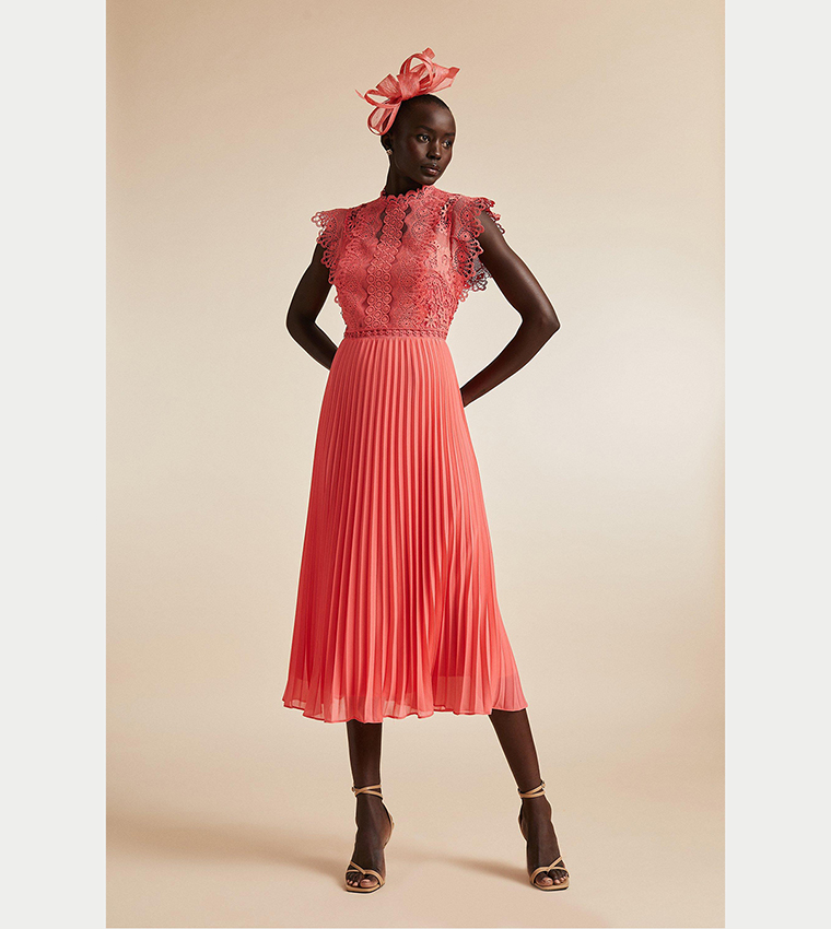 Lace evening dress with pleated skirt online
