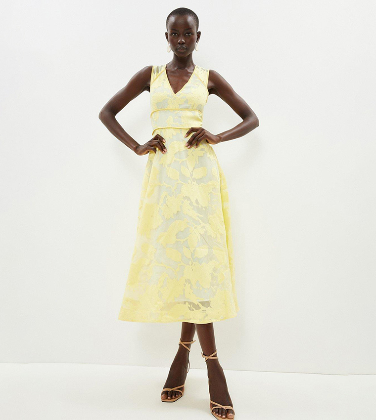 Buy Coast V Neck Floral Jacquard Midi Dress In LEMON | 6thStreet Bahrain