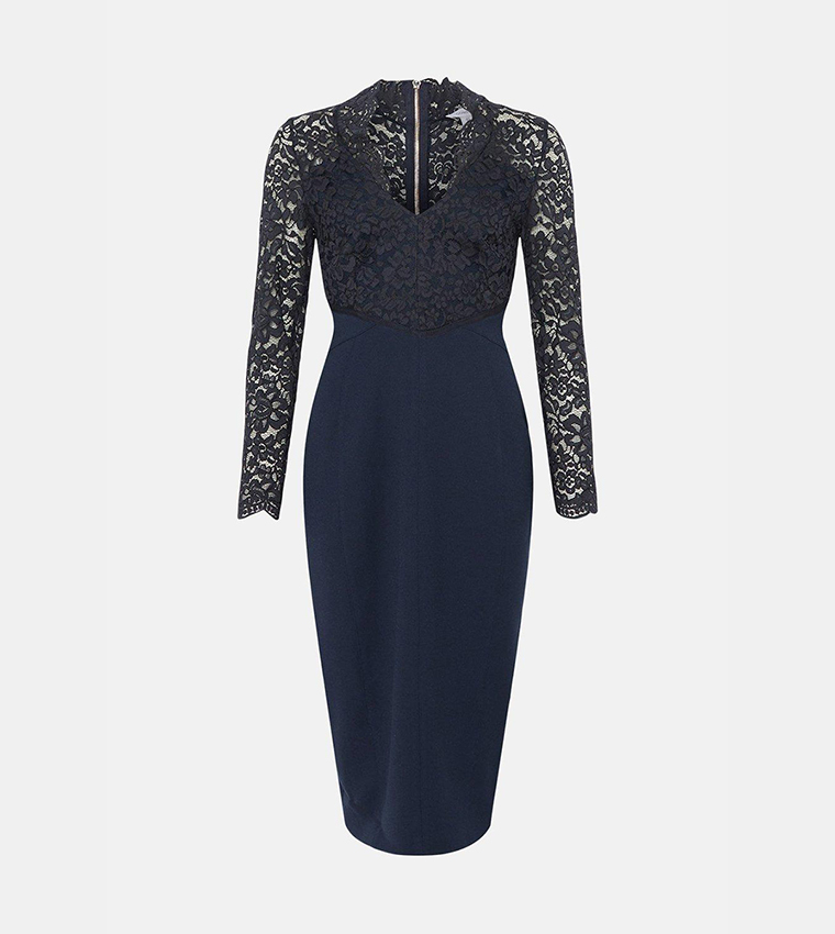 Premium Lace Top Pencil Skirt Midi Dress