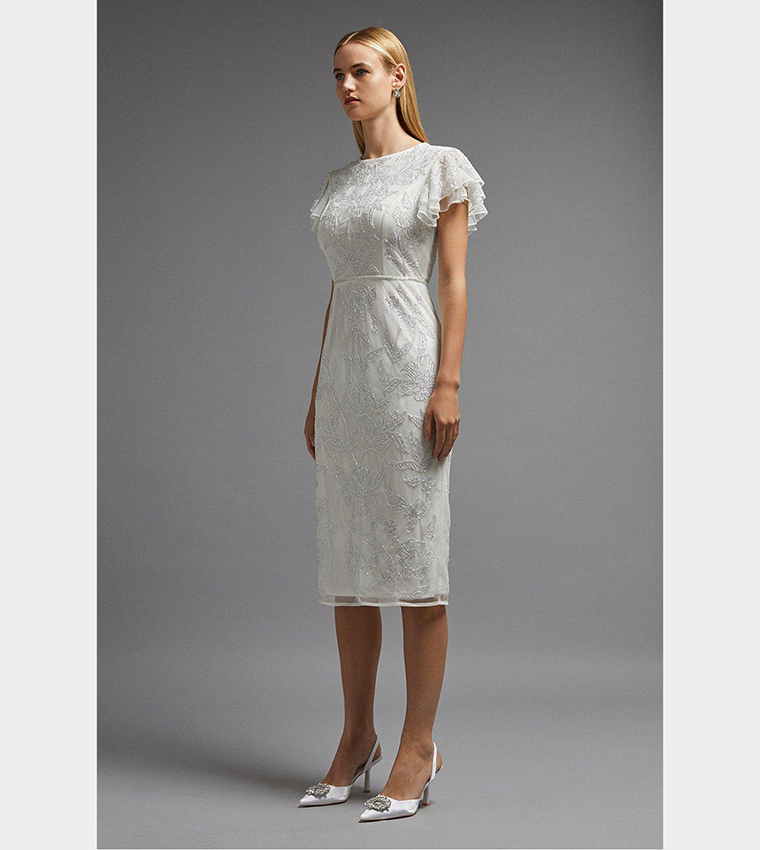 Flutter Sleeves Long Gown with Slit Ivory